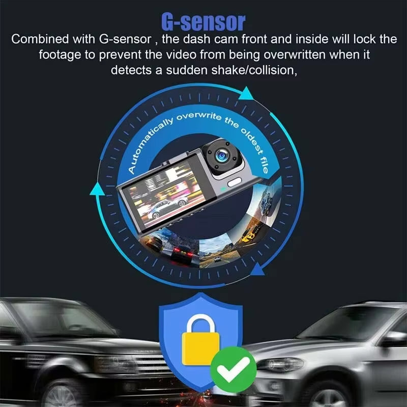 1080P Dash Cam with IR Night Vision 3 Channel Loop Recording 2 IPS Screen Vehicle DVR Video Recorder