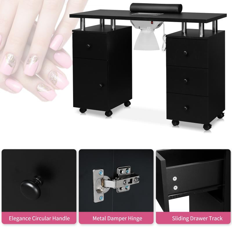 Professional Manicure Table with Dust Collector, Lockable Wheels, Wrist Cushion, and Acetone Resistant Makeup Beauty Salon Storage Station