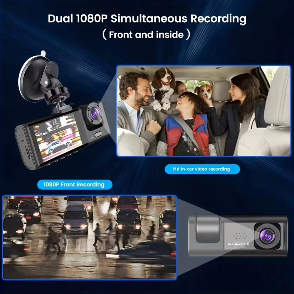 1080P Dash Cam with IR Night Vision 3 Channel Loop Recording 2 IPS Screen Vehicle DVR Video Recorder