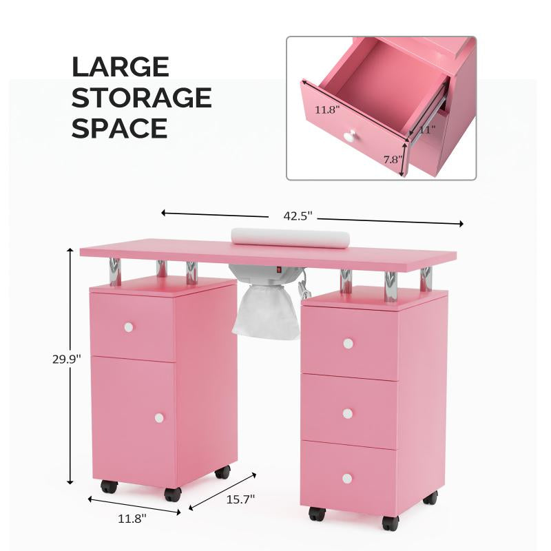 Professional Manicure Table with Dust Collector, Lockable Wheels, Wrist Cushion, and Acetone Resistant Makeup Beauty Salon Storage Station