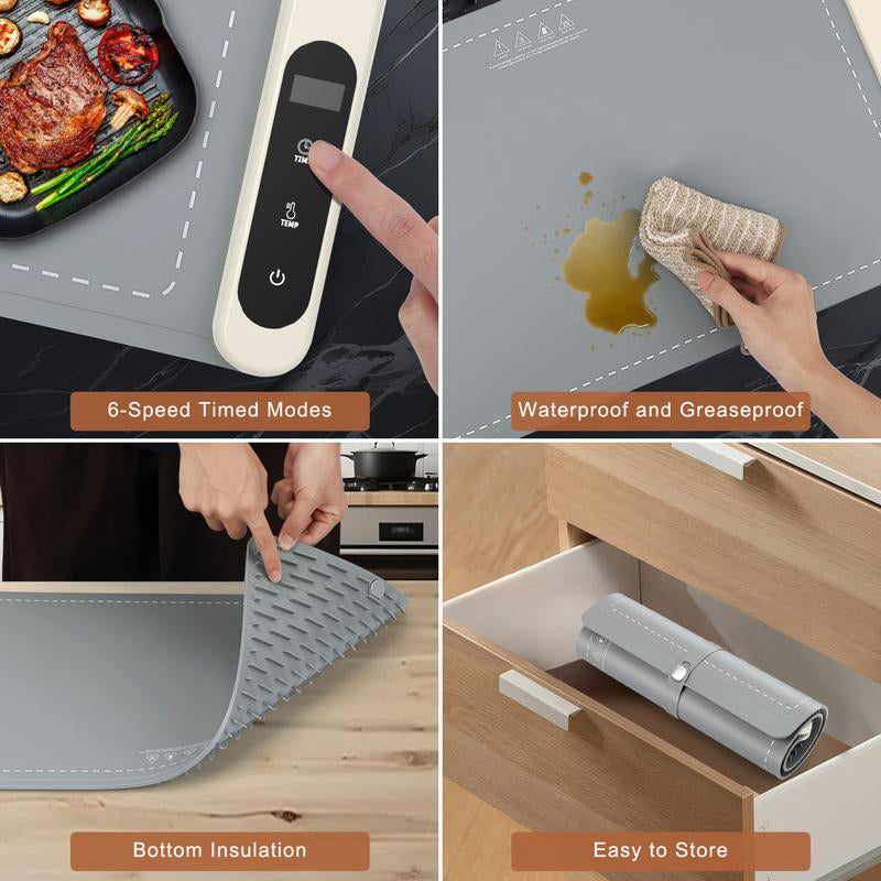 Enhanced Food Warming Mat with 6 Temperature Settings and 6-Hour Timer, Full Surface Heating, Portable Silicone Warmer for Holiday Events and Buffets