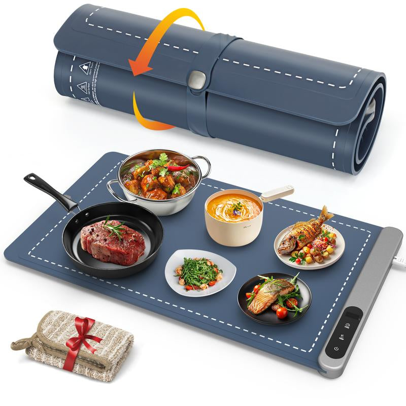 Enhanced Food Warming Mat with 6 Temperature Settings and 6-Hour Timer, Full Surface Heating, Portable Silicone Warmer for Holiday Events and Buffets