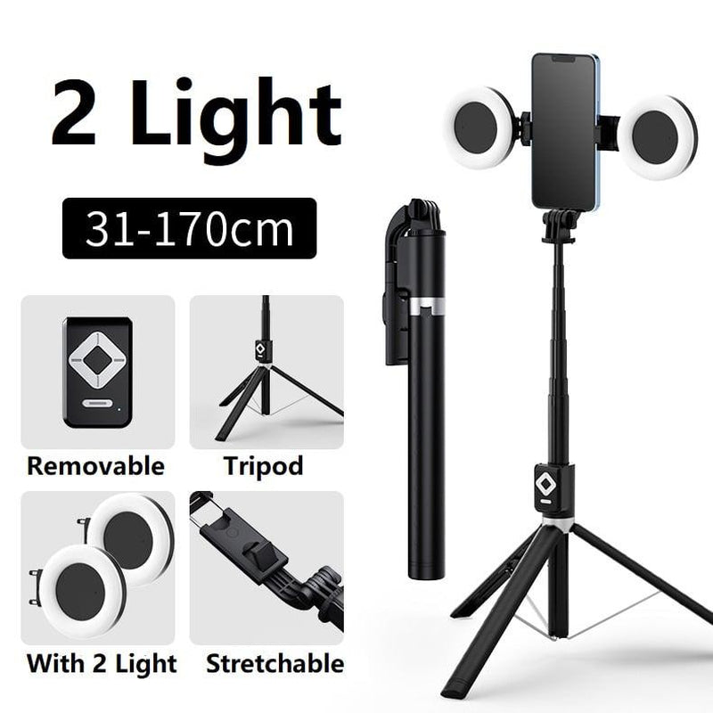 Dual Fill Light Selfie Stick Tripod with Wireless Bluetooth Remote Control - 6-in-1 Retractable Travel Accessory for iPhone and Android Smartphones