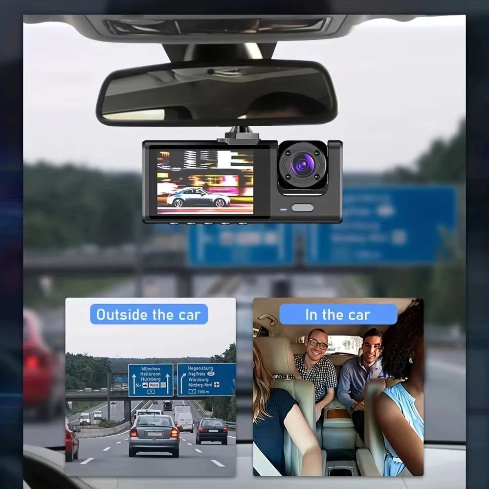1080P Dash Cam with IR Night Vision 3 Channel Loop Recording 2 IPS Screen Vehicle DVR Video Recorder