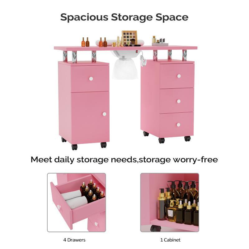 Professional Manicure Table with Dust Collector, Lockable Wheels, Wrist Cushion, and Acetone Resistant Makeup Beauty Salon Storage Station