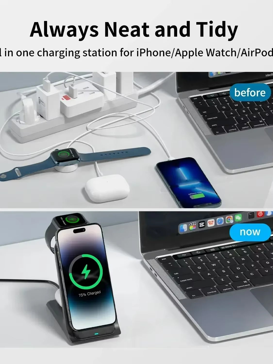 3-in-1 Wireless Charging Stand - Fast Charging Station for iPhone 16/15/14/13 Pro Max, Apple Watch Series 9/8/7/6/5, and AirPods 3/2