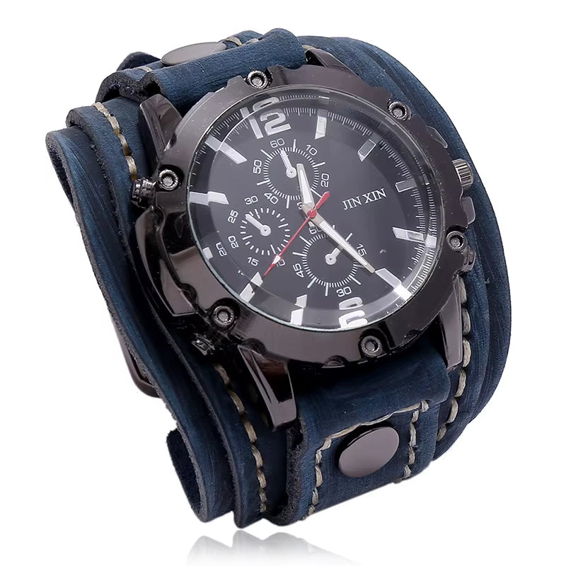 2025 Mens Quartz Wristwatch Fashion Cowhide Watchband Vintage Punk Big round Watches Men Wide Genuine Leather Bracelets Clock