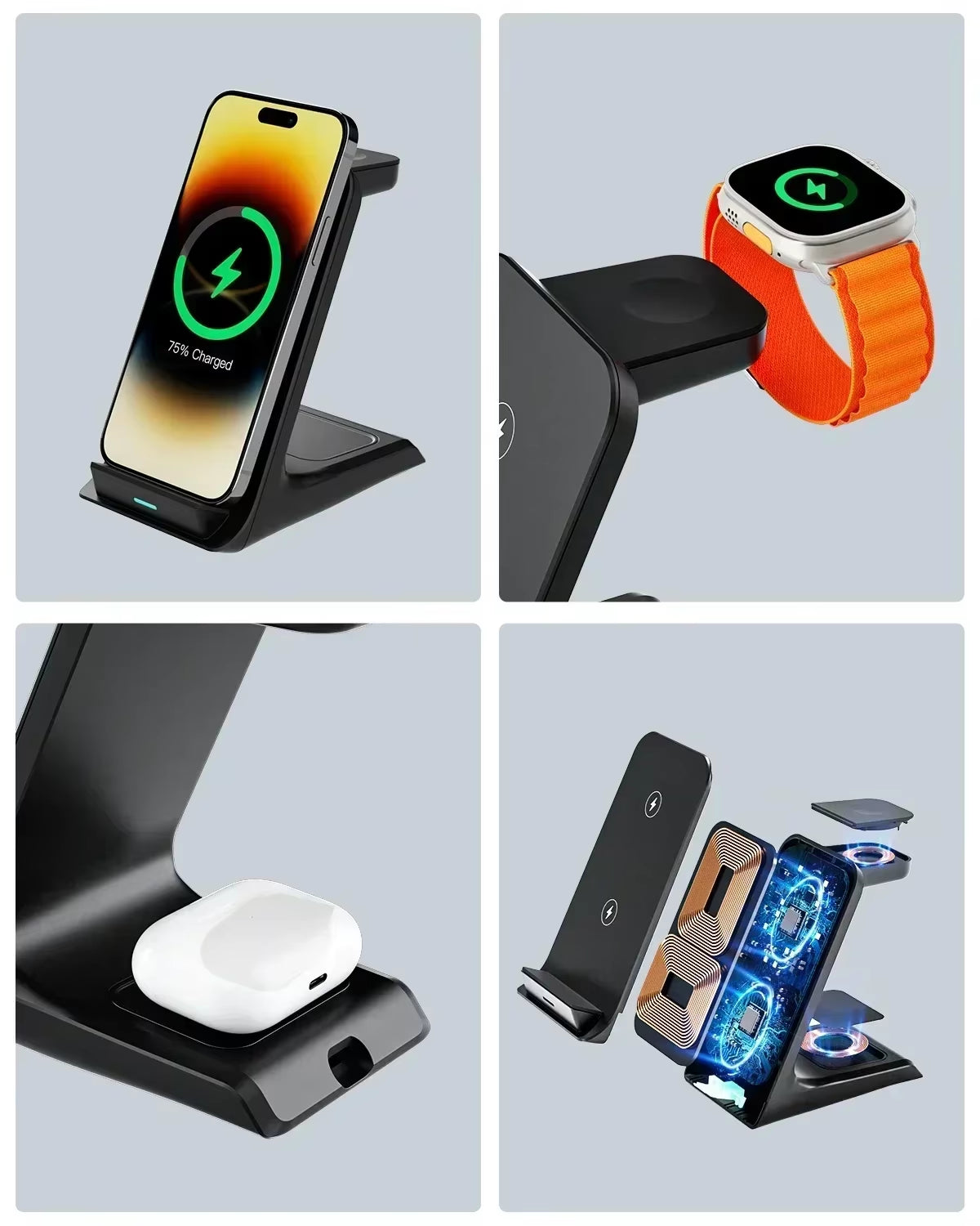3-in-1 Wireless Charging Stand - Fast Charging Station for iPhone 16/15/14/13 Pro Max, Apple Watch Series 9/8/7/6/5, and AirPods 3/2
