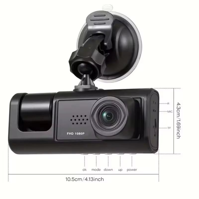 1080P Dash Cam with IR Night Vision 3 Channel Loop Recording 2 IPS Screen Vehicle DVR Video Recorder