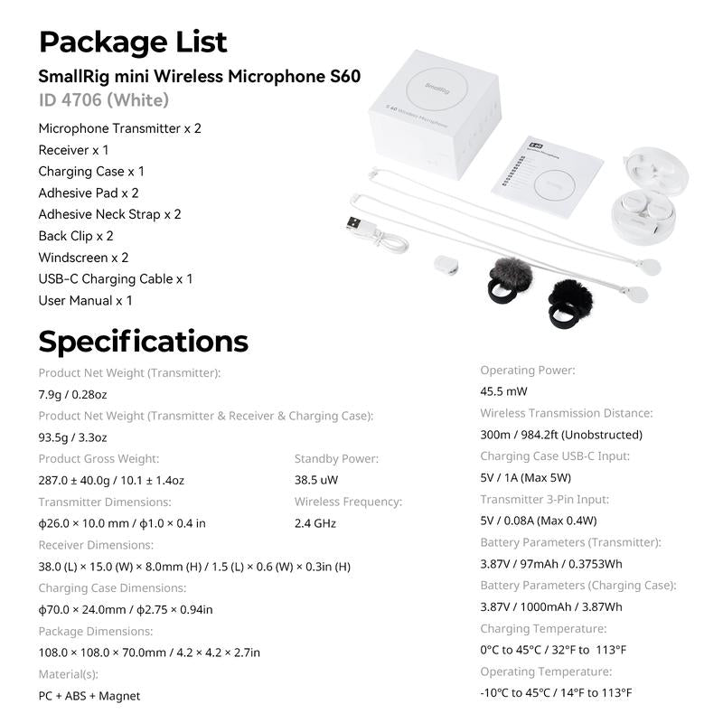 Smallrig S60 USB-C Wireless Mini Microphone Pro Kit with Magnetic Clip for iPhone 15/16 Pro & Android - 44-Hour Studio Sound with Noise Cancelling, Compact and Lightweight Lavalier Microphone with Charging Case and Receiver for Content Creation