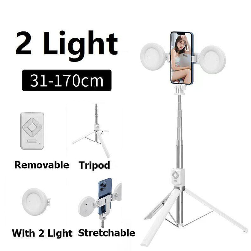 Dual Fill Light Selfie Stick Tripod with Wireless Bluetooth Remote Control - 6-in-1 Retractable Travel Accessory for iPhone and Android Smartphones