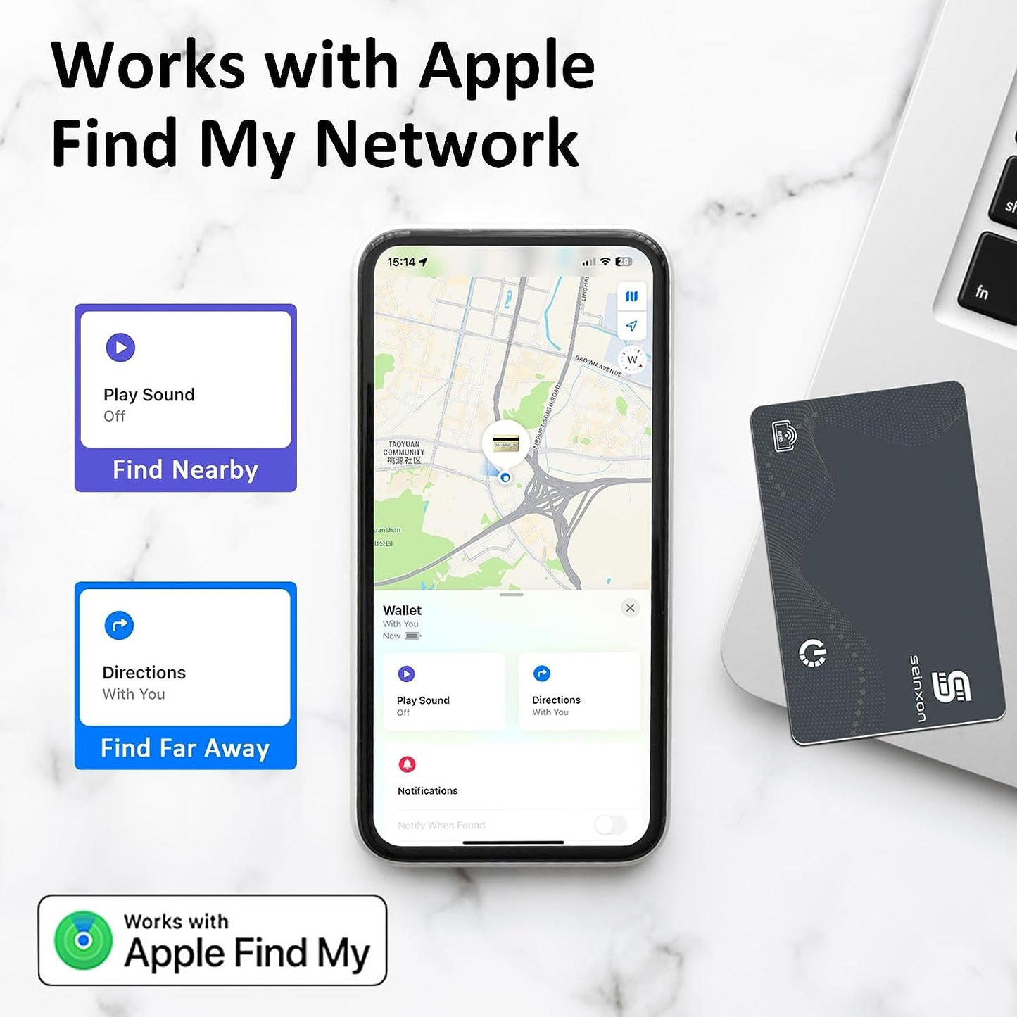 RFID Blocking Wallet Finder and Item Tracker with Rechargeable Clip, Compatible with Apple Find My App (iOS Only), Grey, IP68 Rating