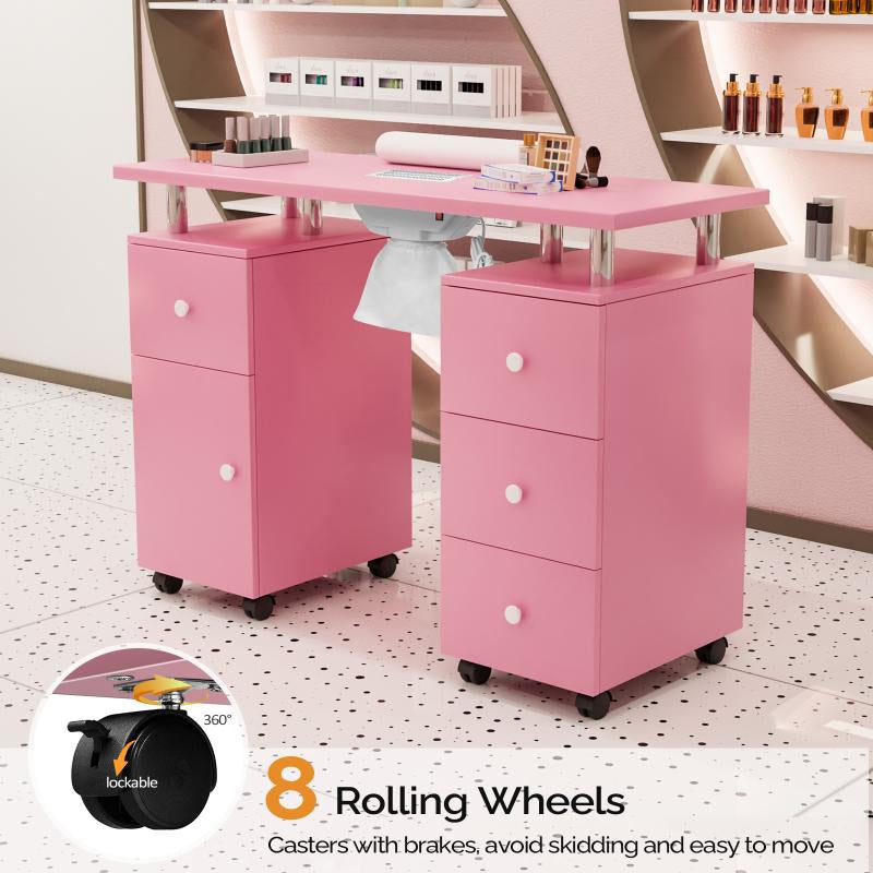 Professional Manicure Table with Dust Collector, Lockable Wheels, Wrist Cushion, and Acetone Resistant Makeup Beauty Salon Storage Station
