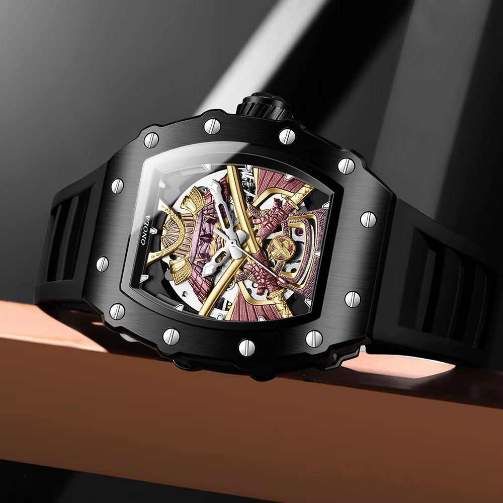 Automatic Movement Mechanical Watches for Men Fashion Black-Warrior Hollow High Quality Waterproof Mens Watch Reloj Hombre