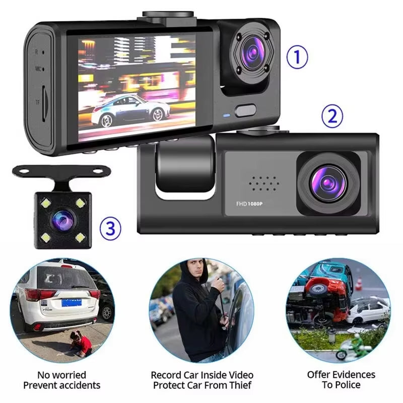 1080P Dash Cam with IR Night Vision 3 Channel Loop Recording 2 IPS Screen Vehicle DVR Video Recorder