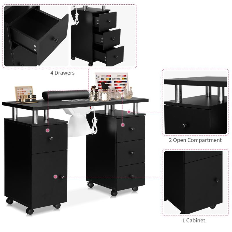 Professional Manicure Table with Dust Collector, Lockable Wheels, Wrist Cushion, and Acetone Resistant Makeup Beauty Salon Storage Station