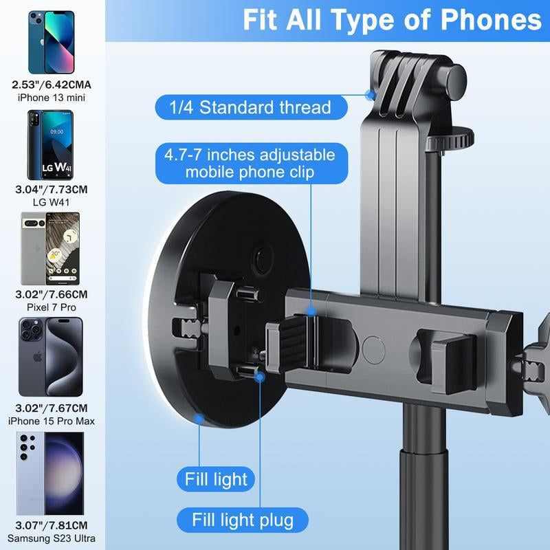 Dual Fill Light Selfie Stick Tripod with Wireless Bluetooth Remote Control - 6-in-1 Retractable Travel Accessory for iPhone and Android Smartphones