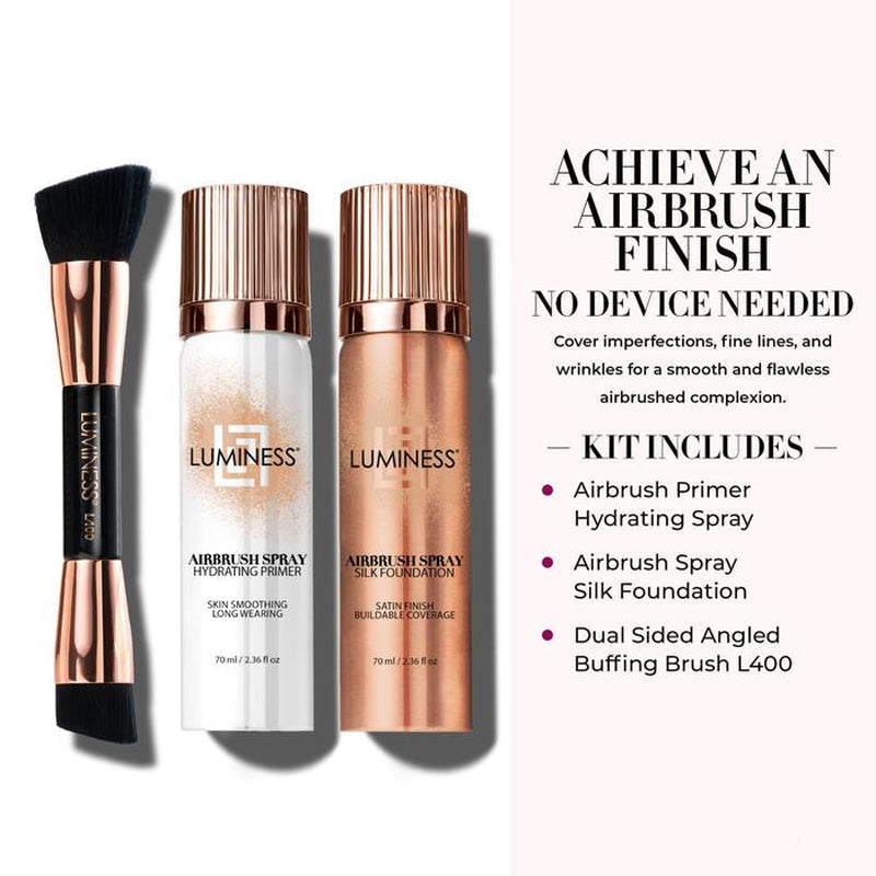 Luminess Glow up Essentials Face Time Palette 4 Piece - Tiktok Shop Exclusive - Silk Airbrush Spray Foundation & Primer Kit - Full Coverage Foundation, Anti-Aging Formula Hydrates & Moisturizes with Hyaluronic Acid, Aloe Vera & Hydrolyzed Silk