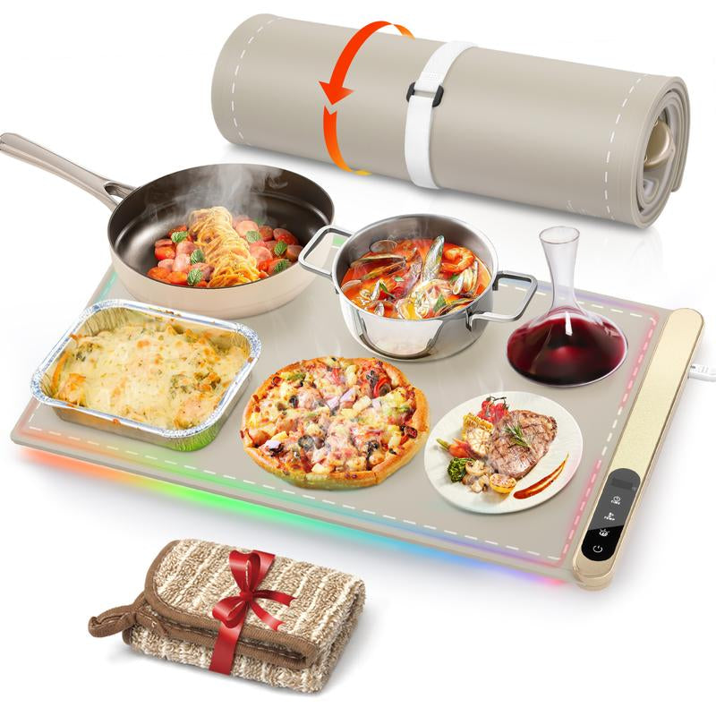 Enhanced Food Warming Mat with 6 Temperature Settings and 6-Hour Timer, Full Surface Heating, Portable Silicone Warmer for Holiday Events and Buffets