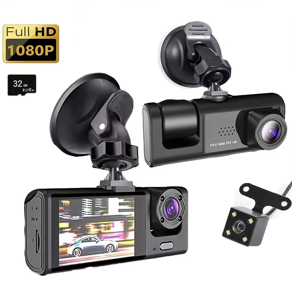 1080P Dash Cam with IR Night Vision 3 Channel Loop Recording 2 IPS Screen Vehicle DVR Video Recorder
