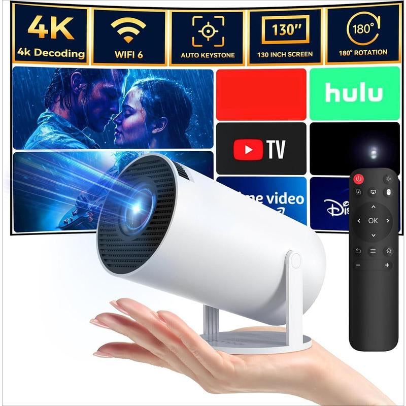 Portable 4K HD Smart Projector with 2.4/5G Wi-Fi, 360° Projection, Bluetooth 5.2, 200-Inch Screen, and Built-In Speaker for Home Entertainment