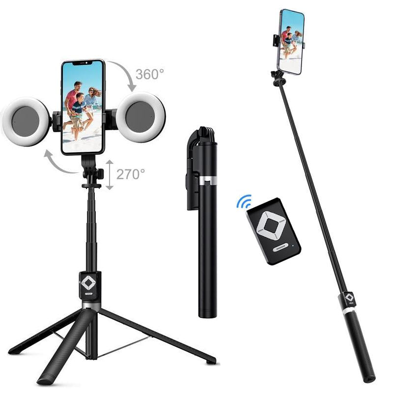 Dual Fill Light Selfie Stick Tripod with Wireless Bluetooth Remote Control - 6-in-1 Retractable Travel Accessory for iPhone and Android Smartphones