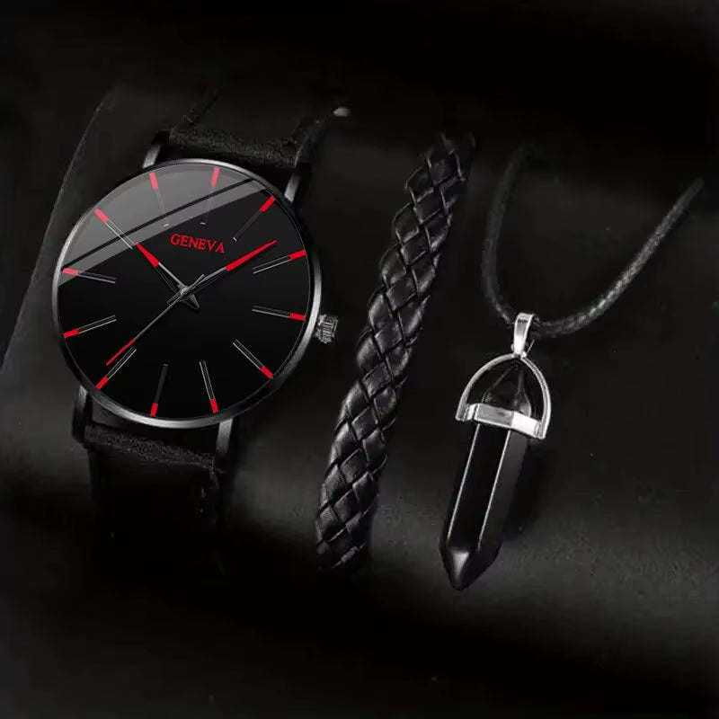 3Pcs Set Fashion Mens Watches Luxury Casual Leather Quartz Wristwatch Men Business Sports Wrist Watch Bracelet Necklace Set