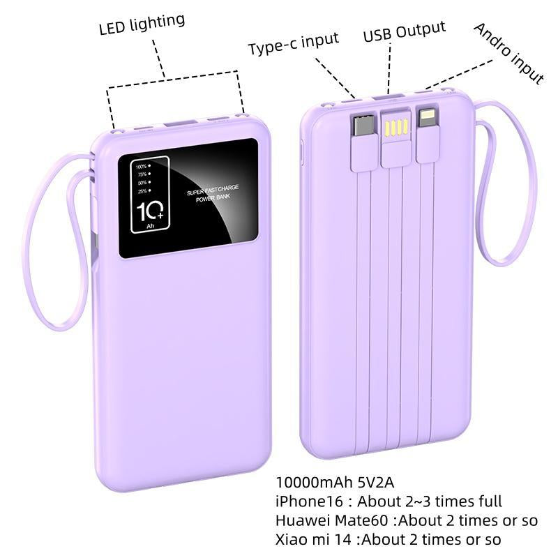 10,000mAh Portable Power Bank with Integrated Cables - USB Charger for iPhone 16/15/14/13 and Samsung Android Devices - Ideal Electronics Accessory and Gift for Men