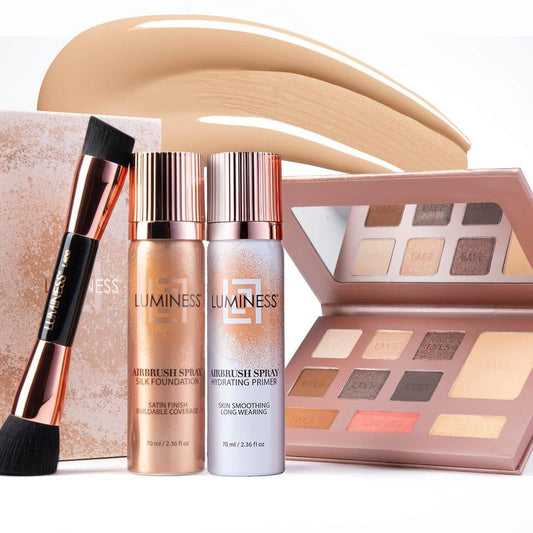 Luminess Glow up Essentials Face Time Palette 4 Piece - Tiktok Shop Exclusive - Silk Airbrush Spray Foundation & Primer Kit - Full Coverage Foundation, Anti-Aging Formula Hydrates & Moisturizes with Hyaluronic Acid, Aloe Vera & Hydrolyzed Silk