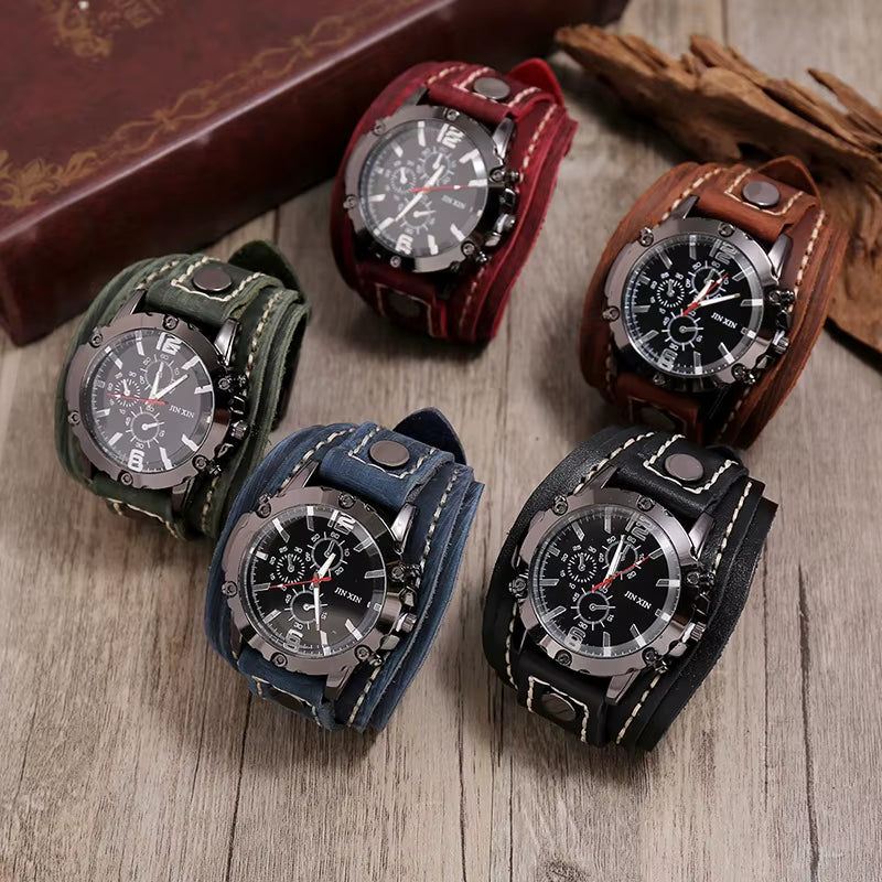 2025 Mens Quartz Wristwatch Fashion Cowhide Watchband Vintage Punk Big round Watches Men Wide Genuine Leather Bracelets Clock