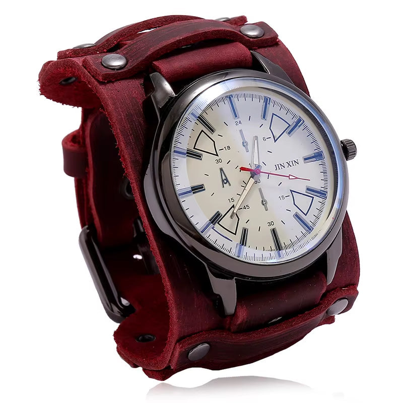 2025 Mens Quartz Wristwatch Fashion Cowhide Watchband Vintage Punk Big round Watches Men Wide Genuine Leather Bracelets Clock