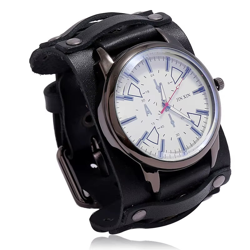 2025 Mens Quartz Wristwatch Fashion Cowhide Watchband Vintage Punk Big round Watches Men Wide Genuine Leather Bracelets Clock