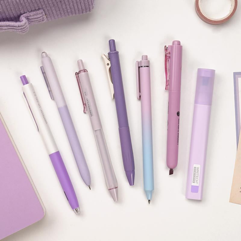 WRITECH Aesthetic Purple Gel Pens and Highlighters Set - Assorted Pastel Ink, 0.5mm Fine Point, Retractable 0.7mm Black Pen, 7 Count Multifunctional Stationery