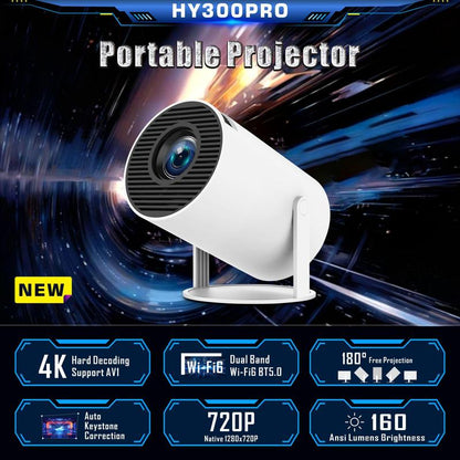 Portable 4K HD Smart Projector with 2.4/5G Wi-Fi, 360° Projection, Bluetooth 5.2, 200-Inch Screen, and Built-In Speaker for Home Entertainment