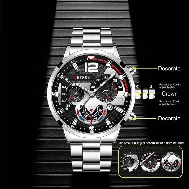2Pcs Luxury Mens Silver Quartz Watch with Stainless Steel Bracelet Men Fashion Business Casual Watch Luminous Clock