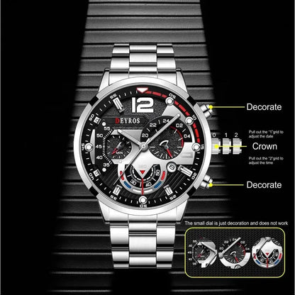 2Pcs Luxury Mens Silver Quartz Watch with Stainless Steel Bracelet Men Fashion Business Casual Watch Luminous Clock