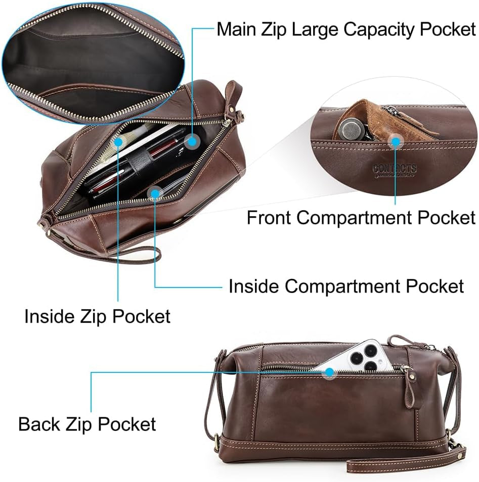 Toiletry Bag for Men Leather Travel Bathroom Shaving Dopp Kit Organizer Vintage Cosmetic Bag with Wrist Starp, Coffee, Vintage