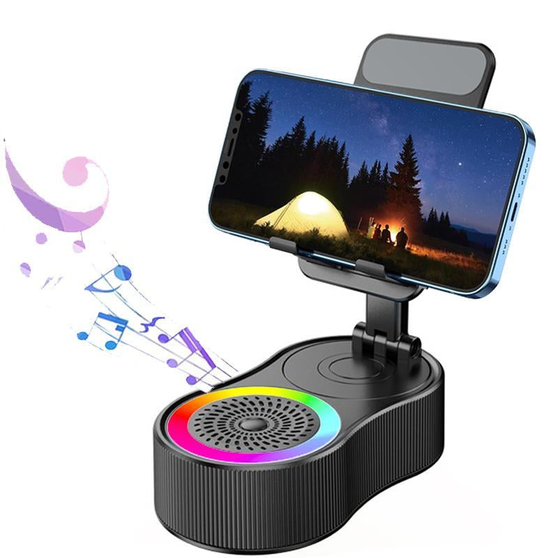 4-in-1 Wireless Bluetooth Speaker with 360° Rotating Mount, Emergency Power Bank (1500mAh), LED Desktop Phone Stand, Bluetooth 5.0 FM HD, Wireless Stereo Pairing for Home, Outdoor, and Travel Use