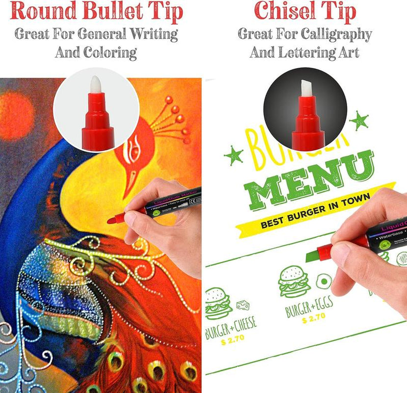Liquid Chalk Markers Set - 30 Washable Vibrant Colors with Reversible Tip for Window Art