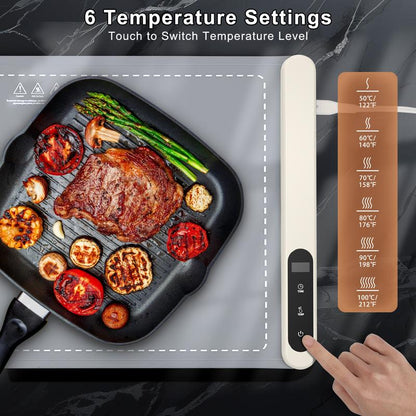 Enhanced Food Warming Mat with 6 Temperature Settings and 6-Hour Timer, Full Surface Heating, Portable Silicone Warmer for Holiday Events and Buffets