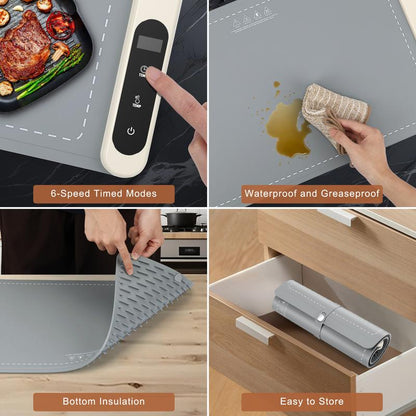 Enhanced Food Warming Mat with 6 Temperature Settings and 6-Hour Timer, Full Surface Heating, Portable Silicone Warmer for Holiday Events and Buffets
