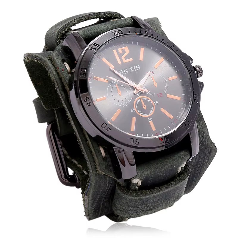 2025 Mens Quartz Wristwatch Fashion Cowhide Watchband Vintage Punk Big round Watches Men Wide Genuine Leather Bracelets Clock
