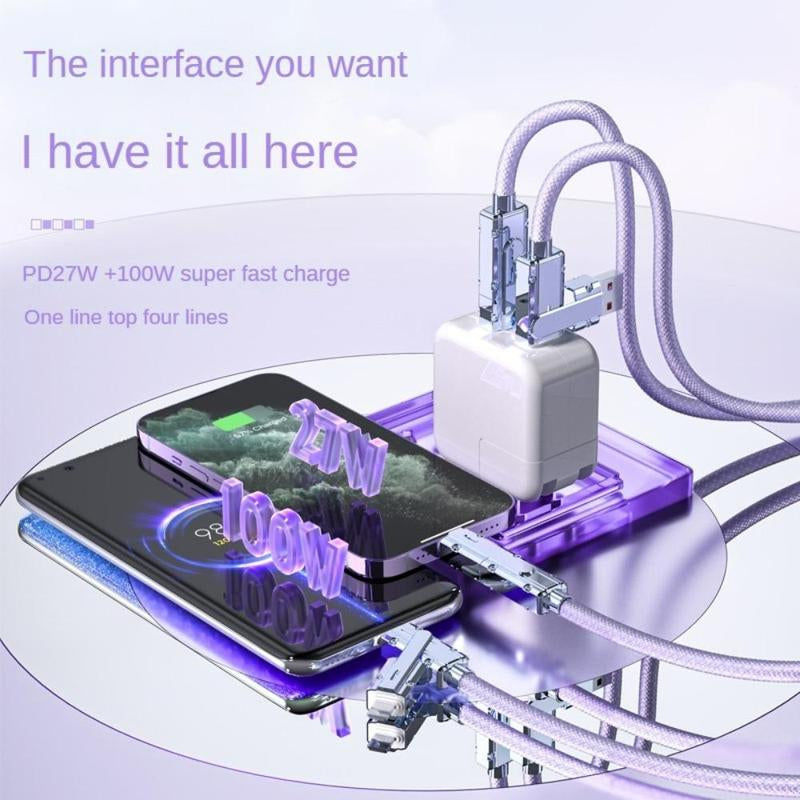 4-In-1 Multi-Function Data Cable, PD100W Charging, Dual Type-C 27W Fast Charging Data Cable, Type-C Upgrade Chip Supports Mobile Phones to Charge Mobile Phones, USB Fast Charging, Cellphone