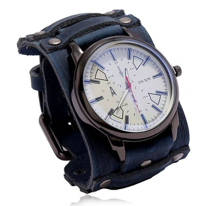 2025 Mens Quartz Wristwatch Fashion Cowhide Watchband Vintage Punk Big round Watches Men Wide Genuine Leather Bracelets Clock