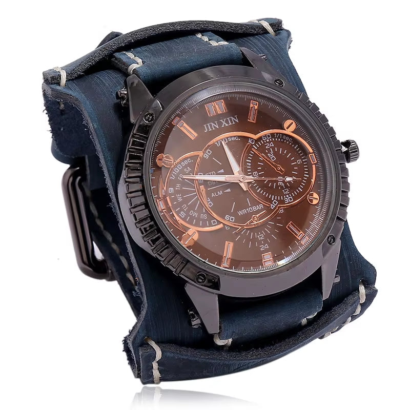 2025 Mens Quartz Wristwatch Fashion Cowhide Watchband Vintage Punk Big round Watches Men Wide Genuine Leather Bracelets Clock
