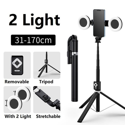 Dual Fill Light Selfie Stick Tripod with Wireless Bluetooth Remote Control - 6-in-1 Retractable Travel Accessory for iPhone and Android Smartphones