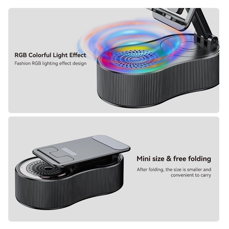 4-in-1 Wireless Bluetooth Speaker with 360° Rotating Mount, Emergency Power Bank (1500mAh), LED Desktop Phone Stand, Bluetooth 5.0 FM HD, Wireless Stereo Pairing for Home, Outdoor, and Travel Use