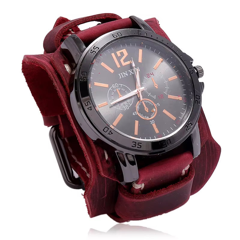 2025 Mens Quartz Wristwatch Fashion Cowhide Watchband Vintage Punk Big round Watches Men Wide Genuine Leather Bracelets Clock