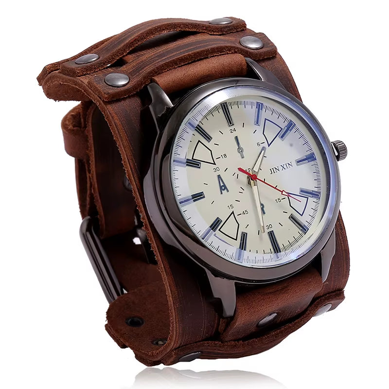 2025 Mens Quartz Wristwatch Fashion Cowhide Watchband Vintage Punk Big round Watches Men Wide Genuine Leather Bracelets Clock