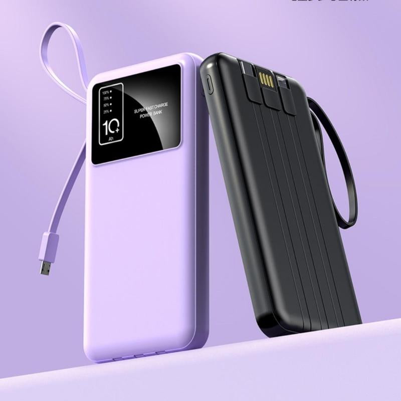 10,000mAh Portable Power Bank with Integrated Cables - USB Charger for iPhone 16/15/14/13 and Samsung Android Devices - Ideal Electronics Accessory and Gift for Men